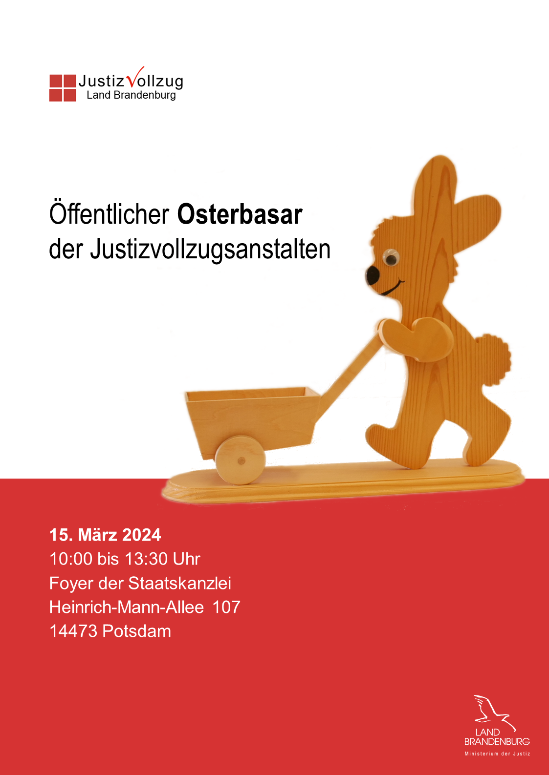 Holzfigur HAse mit Schubkarre - Plakat des Osterbasars 2024